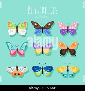 Schmetterlingskollektion Illustration. Frühling Schmetterlinge auf weißem Hintergrund mit farbigen Flügeln Vektor-Illustration isoliert Stock Vektor