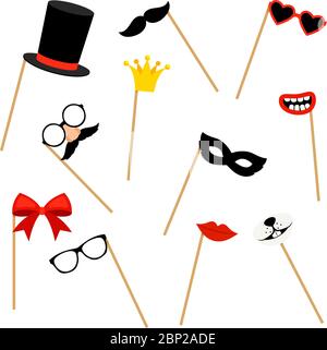 Requisiten für Fotokabinen. Fotobooth Kostüm Maske Sammlung Vektor Illustration, Party oder Karneval Zubehör isoliert auf weißem Hintergrund Stock Vektor