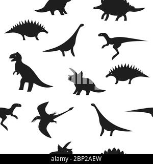 Nahtloses Schwarz-Weiß-Dino-Muster. Dinosaurier Silhouetten auf weißem Hintergrund für Textil-, Druck-, Stoff- oder Papierverpackung Stock Vektor
