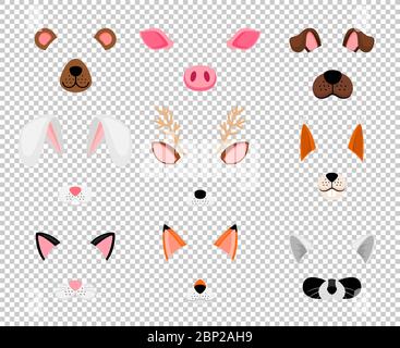 Tiermasken. Gesichtsmaskierung für Maskerade, Kaninchen und Bär, Hund und Fuchs niedliche halloween-Kopfmaske auf transparentem Hintergrund isoliert gesetzt, Vektor-Illustration Stock Vektor