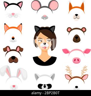 Mädchen Tiere Masken. Vector weibliche Tier Gesichtsmaske auf weißem Hintergrund isoliert gesetzt, wie Katze und Hund, Waschbär und Schwein Stock Vektor