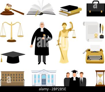 Elemente der Gerechtigkeit. Gerichtsstand und Gesetz Cartoon Vektor-Icons, Richter und Aktentasche, themis und Skalen der Gerechtigkeit isoliert auf weiß Stock Vektor
