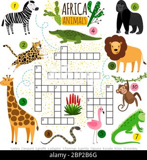 Kreuzworträtsel afrika Tiere. Kinder Zoo afrikanische Kreuzworträtsel für Schulkinder, Wörter suchen Spiel Vektor Illustration Stock Vektor