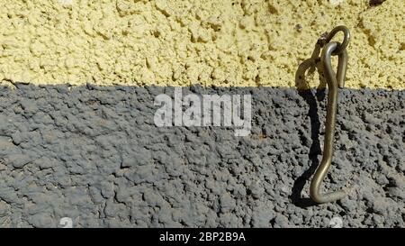 Rostiger Metallhaken aus veraltetem Riegel, der auf rauem Wandhintergrund von gelben und grauen Streifen hängt. Textur von unebenen Gipswand und alten Haspel Stockfoto