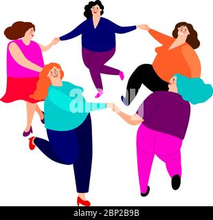 Lustige Damen tanzen. Nette glücklich Cartoon übergewichtige Frauen Freunde Figuren tanzen im Kreis Vektor-Illustration in hellen Farben Stock Vektor