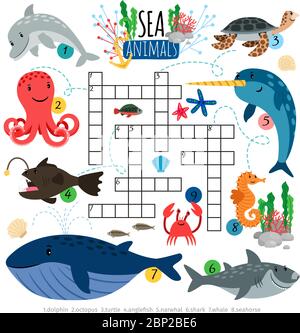 Kreuzworträtsel. Ocean Tiere Kreuzworträtsel Spiel für Kinder, Vektor-Brainteaser Wort Puzzle mit Delphin und Wal, Oktopus und Schildkröte Stock Vektor