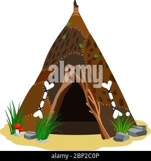 Alte Menschenhütte. Prähistorische Haus aus Häuten Vektor-Illustration oder indianischen einheimischen Wigwam auf weißem Hintergrund isoliert Stock Vektor