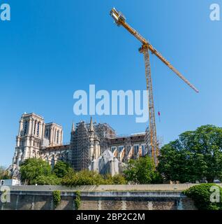 Riesenkran auf der Kathedrale Notre Dame de Paris im Mai 2020. Stockfoto