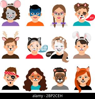 Kinderschminken. Kinder mit Malerei Gesichter Vektor-Illustration, vor Gemälde wie Fuchs, Tiger und Katze Masken Make-up Stock Vektor
