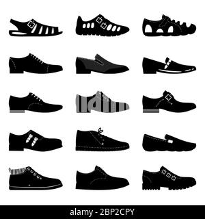 Symbol für schwarze Schuhe. Stiefel, Sniekers Zeichen, Schuhe Icons Vektor Silhouetten isoliert auf weißem Hintergrund Stock Vektor