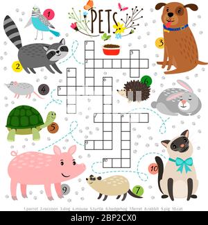 Kinder Kreuzworträtsel mit Haustieren. Kinder Kreuzung Wortsuche Puzzle mit Katzen Tiere wie Katze und Hund, Schildkröte und Hase Vektor-Illustration Stock Vektor