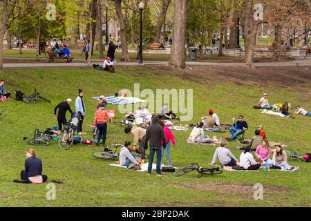 Montreal, CA - 16. Mai 2020: Menschen versammeln sich im Lafontaine Park während der Coronavirus-Pandemie Stockfoto