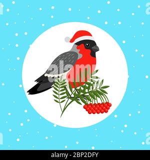 Gimpel Vogel mit Weihnachtsmann Hut und Eberesche Zweig, Vektor-Illustration Stock Vektor