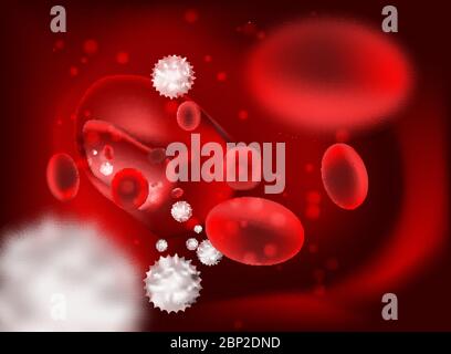 3d-Streaming von Blutzellen auf rotem Hintergrund. Stock Vektor