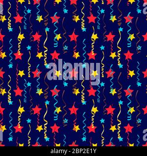 Festliche nahtlose Muster mit bunten Sternen und Serpentine für weihnachten, Geburtstagsfeier, Feiertage, Vektor-Illustration Stock Vektor