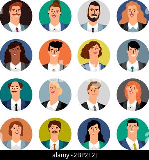 Cartoon Business Avatare. Weibliche und männliche Berufspersonen in Anzügen, Vektor-Team-Leute Charakter Gesichter oder Porträts Stock Vektor