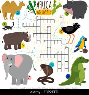 Afrikanische Tiere Kreuzworträtsel. Vektor-Kreuz Wörter suchen Puzzle-Spiel für Kinder mit Afrika Safari Tier Set für Studienbuch Stock Vektor