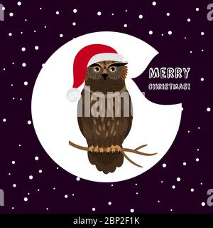 Ernst Eule mit Santa hat. Frohe Weihnachten Vektor-Karte Vorlage Stock Vektor