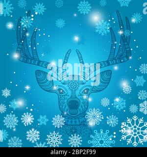 Winter Hintergrund mit Doodle Hirsch und Schneeflocken, Vektor-Illustration Stock Vektor