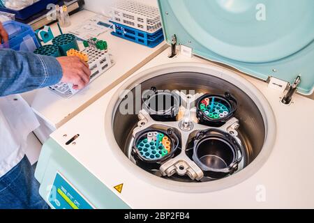 Covid 19 serologische Tests, Zentrifugation von Blutgefäßen, medizinisch-biologisches Labor, COSEM Mirosmenil Medical Center, Paris. Stockfoto