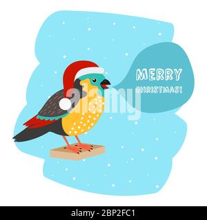 Vogel mit Weihnachtsmütze. Frohe Weihnachten Cartoon-Karte Vorlage, Vektor-Illustration Stock Vektor