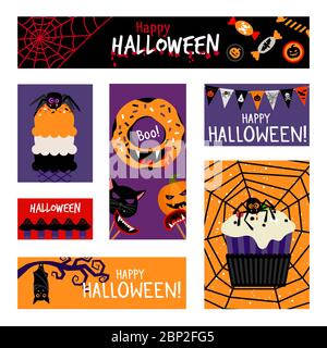 Verrückte Halloween Banner gesetzt. Vektor-Urlaub Banner mit Comic-Figuren, Vektor-Illustration Stock Vektor