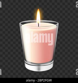Realistischer Kerzenständer aus Glas. Flammendes Wachs Kerze im Glas, romantische und gemütliche Aroma brennenden Kerzenlicht Vektor-Illustration Stock Vektor