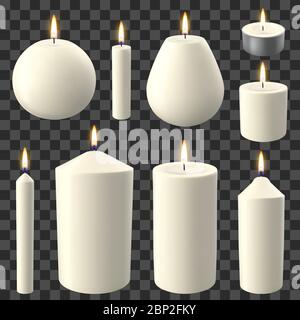 Realistische Kerzen. Urlaub Kerzenlicht, romantische und gemütliche brennende Wachskerze, Party Feier brennende Lichter Vektor-Illustration Set Stock Vektor