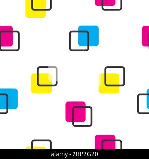 Nahtloses Muster mit Farbquadraten - Magenta, Gelb, Blau, White. Corporate Print für Druckerei. Abstrakter geometrischer Hintergrund. Stock Vektor