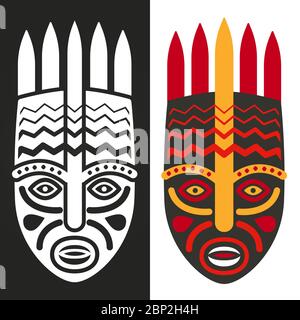 Tribal maya, afrikanische Masken Vektor-Illustration, schwarz-weiß und bunt Stock Vektor