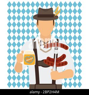 Traditionelle Oktoberfest Mann Charakter mit Bier und Würstchen Vektor-Illustration Stock Vektor