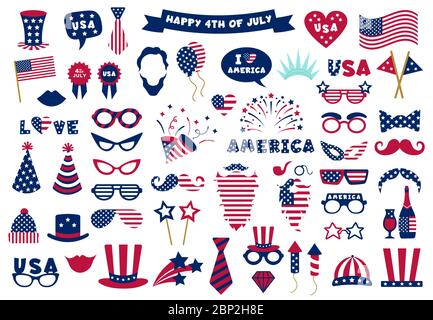 Photobooth USA patriotische Requisiten. Feier Fotobooth Maske, amerikanische Brille, Schnurrbart und Hut, Selfie Foto Requisiten Vektor-Symbole gesetzt Stock Vektor
