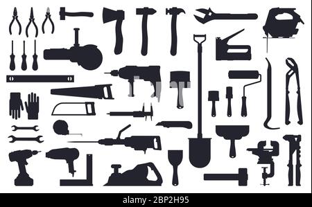 Werkzeuge Silhouette. Arbeiten Bau-und Reparaturwerkzeuge, Axt, Schaufel und Bohren schwarzen Silhouetten isoliert Vektor Illustration Symbole gesetzt Stock Vektor