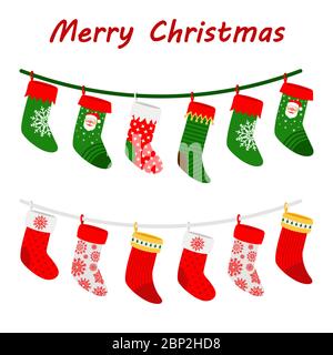 Bunte Weihnachts Socken Girlanden isoliert auf weißem Hintergrund, Vektor-Illustration Stock Vektor