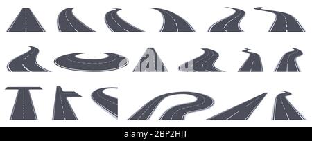 Ansicht aus der Perspektive der Straße. Kurvende Autobahn Straßen, biegen Asphaltstraßen in Perspektive. Turn Stadt Straßen isoliert Vektor-Illustration gesetzt Stock Vektor