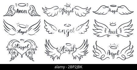 Handgezeichnete Wings-Schriftzüge. Doodle elegante Engelsflügel Phrasen, skizzierte Flugfeder, geflügelte Engelsflügel und Schriftzug Vektor-Illustration-Set Stock Vektor