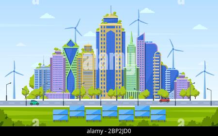 Eco City Konzept. Intelligente Stadtlandschaft, urbane moderne Stadtlandschaft, umweltfreundliche Wolkenkratzer mit alternativen Energiequellen Vektorgrafik Stock Vektor