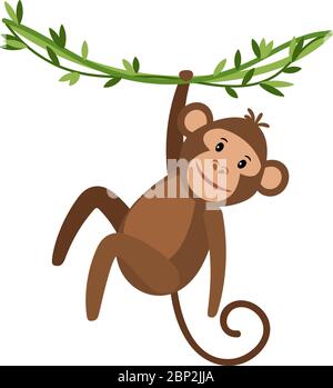 Lustige Cartoon Affe Symbol auf weißem Hintergrund. Niedlicher Affe hängt an einem Kriechgang, Vektor-Illustration Stock Vektor