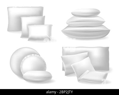 Weiße realistische Kissen. Komfort Bett weiche Kissen, Ruhe und Schlaf gemütliche Baumwolle oder Leinen Kissen isoliert Vektor Illustration Symbole Set Stock Vektor