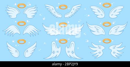 Engelsflügel. Cartoon Engel Flügel und Nimbus, geflügelten Engel heiligen Zeichen, Himmel elegant Engel Flügel Vektor-Illustration Symbole gesetzt Stock Vektor