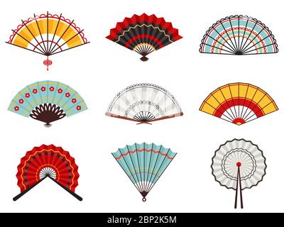 Asiatische Handfans. Papier falten Handventilatoren, chinesische, japanische dekorative traditionelle orientalische Holzventilatoren Vektor-Illustration-Symbole gesetzt Stock Vektor