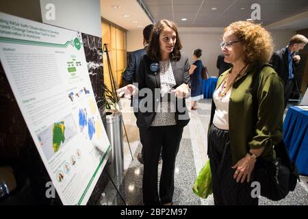 2018 Earth Science Applications Showcase Studenten und junge Berufstätige diskutieren ihre Projekte auf der Earth Science Applications Showcase Mittwoch, 1. August 2018 im NASA-Hauptsitz in Washington. Jeden Sommer kommen Teilnehmer des NASA-Programms "APPLIED Sciences' DEVELOP National Program" zum NASA-Hauptsitz und präsentieren ihre Forschungsprojekte. DEVELOP ist ein Ausbildungs- und Entwicklungsprogramm, in dem Studenten an Erdforschungsprojekten arbeiten, betreut von Wissenschaftsberatern der NASA und Partneragenturen und die Forschungsergebnisse auf lokale Gemeinschaften ausweiten. Stockfoto