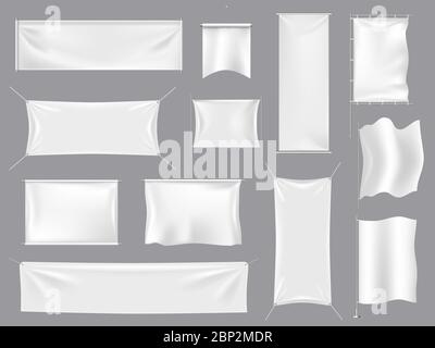 Stoff realistische Flagge Mockups. Weiße Textilbanner und 3d-Leinwand Schild, leere leere Flaggen Vorlage isolierte Vektor Illustration Mockups Set Stock Vektor