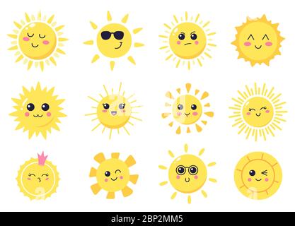 Glücklich Cartoon Sonne. Hand gezeichnet niedlichen lächelnden Sonnen, sonnig glücklich Zeichen, leuchtend helle Sonne Vektor Illustration Symbole gesetzt Stock Vektor