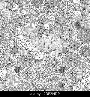 Schwarz-weiß Detaillinie ornamentalen Hintergrund mit dekorativen Elementen, Blättern und Blumen. Erwachsene Malmuster, Vektorgrafik Stock Vektor