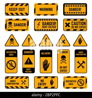Warnschilder. Gefahrenwarnung gelb und schwarz Band, Gift Biohazard gestreiften Zeichen, Hochspannung Sicherheit Perimeter Elemente Vektor-Symbole gesetzt Stock Vektor