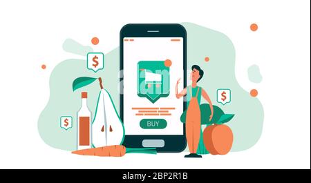 Mann einkaufen Lebensmittel online mit mobilen Laden Supermarkt Geschäft. Menschen mit Smartphone-Food-Lieferung. Konzept Kundenauftrag Internet von zu Hause aus se Stock Vektor