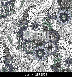 Dekoratives florales Ornamentmuster mit Blumen und Strudeln in grau und blau. Vektorgrafik Stock Vektor