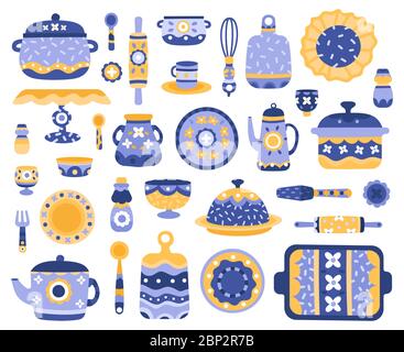 Geschirr aus Keramik mit Cartoon-Stil. Küche Kochgeschirr, Servieren Porzellan Geschirr, Geschirr, Teekanne, Terrine, Servieren Geschirr Vektor Illustration Symbole gesetzt Stock Vektor