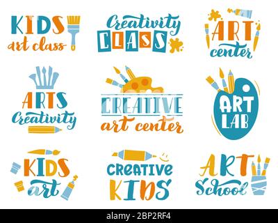 Kreativer Art-Schriftzug. Kinder Kunst Klasse oder Studio handschriftliche Etiketten, Kinder Kreativität Zentrum kalligrafische Elemente Vektor Illustration Set Stock Vektor